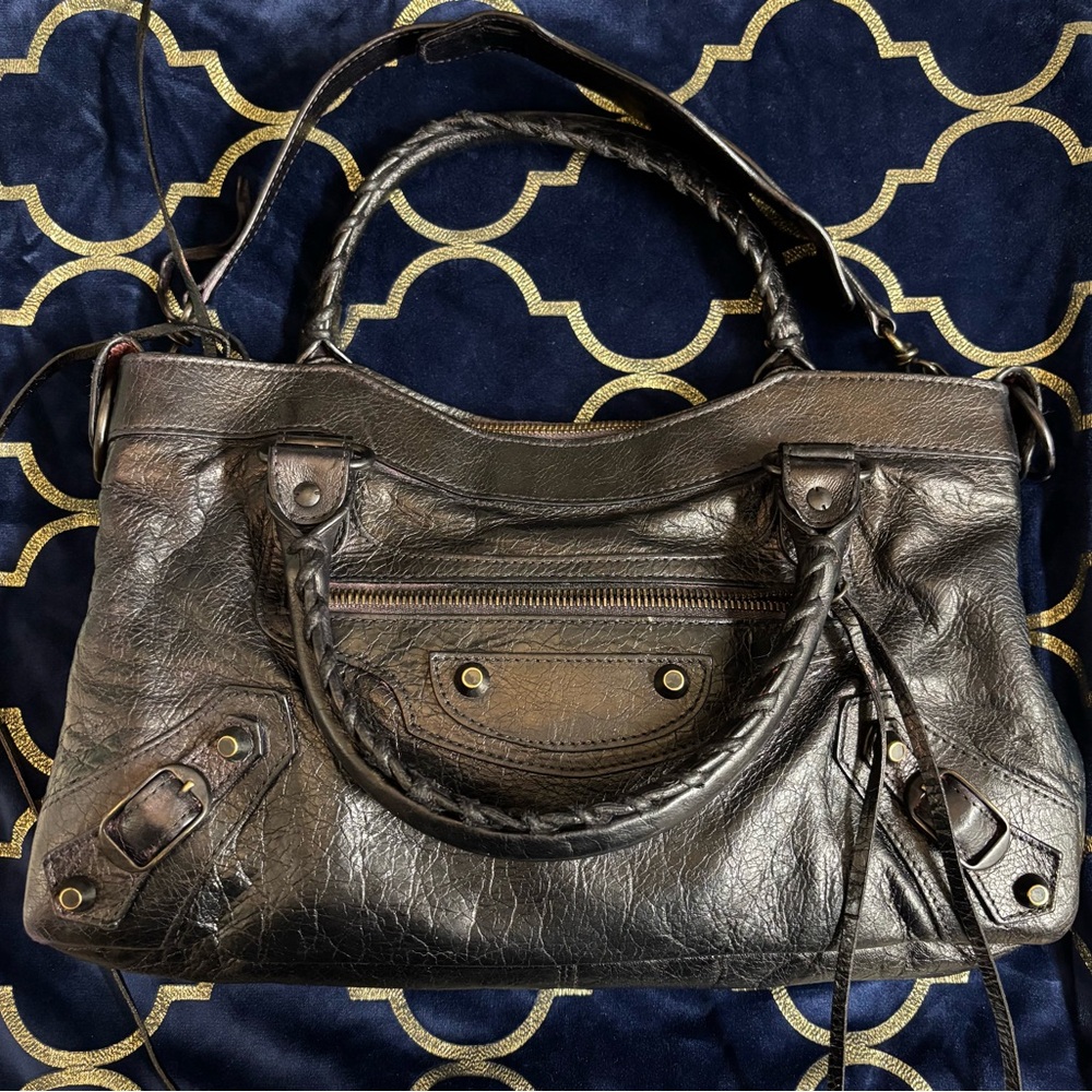 Balenciaga City Small Distressed Black Leather Shoulder Bag